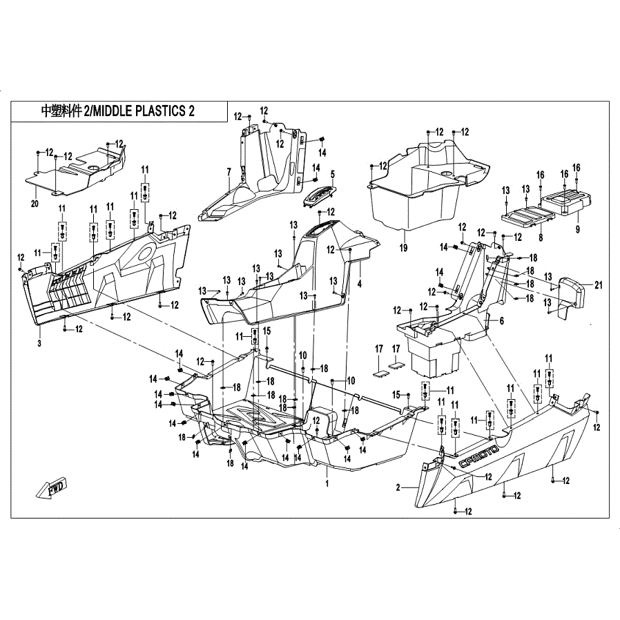 An Image of a Genuine CFMOTO Parts Schematic Diagram showing the schematic - MIDDLE PLASTICS 2 - 2019 CFMOTO ZFORCE 1000