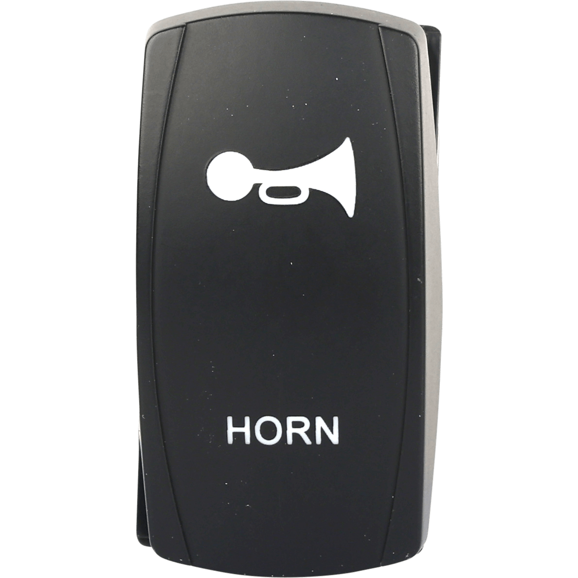 The Horn Accessory LED Switch Pro Backlit by Open Trail is a black rectangular switch with a white horn icon above HORN, featuring dual LEDs and weather-sealed construction for reliable horn activation in any conditions.