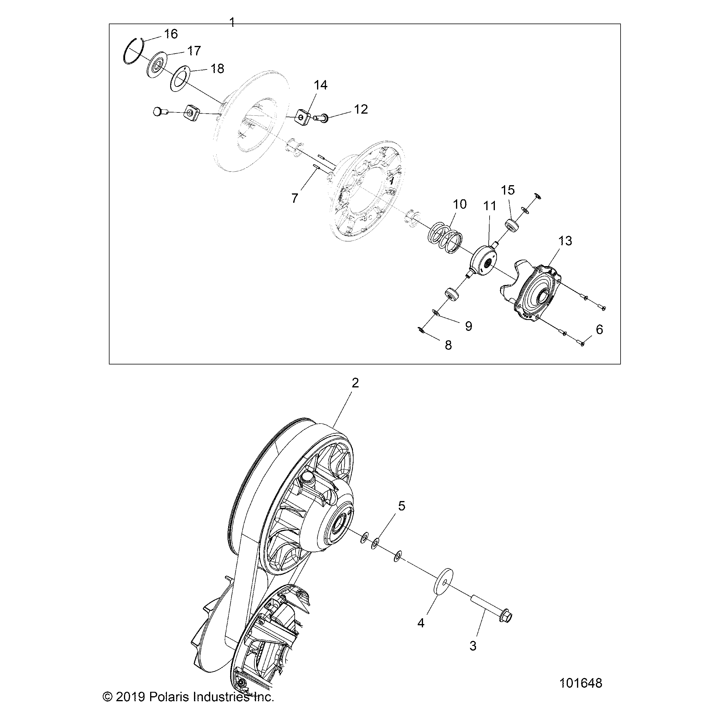 An Image of a Genuine Polaris Parts Schematic Diagram showing the schematic - DRIVE TRAIN: SECONDARY CLUTCH - 2021 POLARIS SPORTSMAN 850 EPS LE 48"