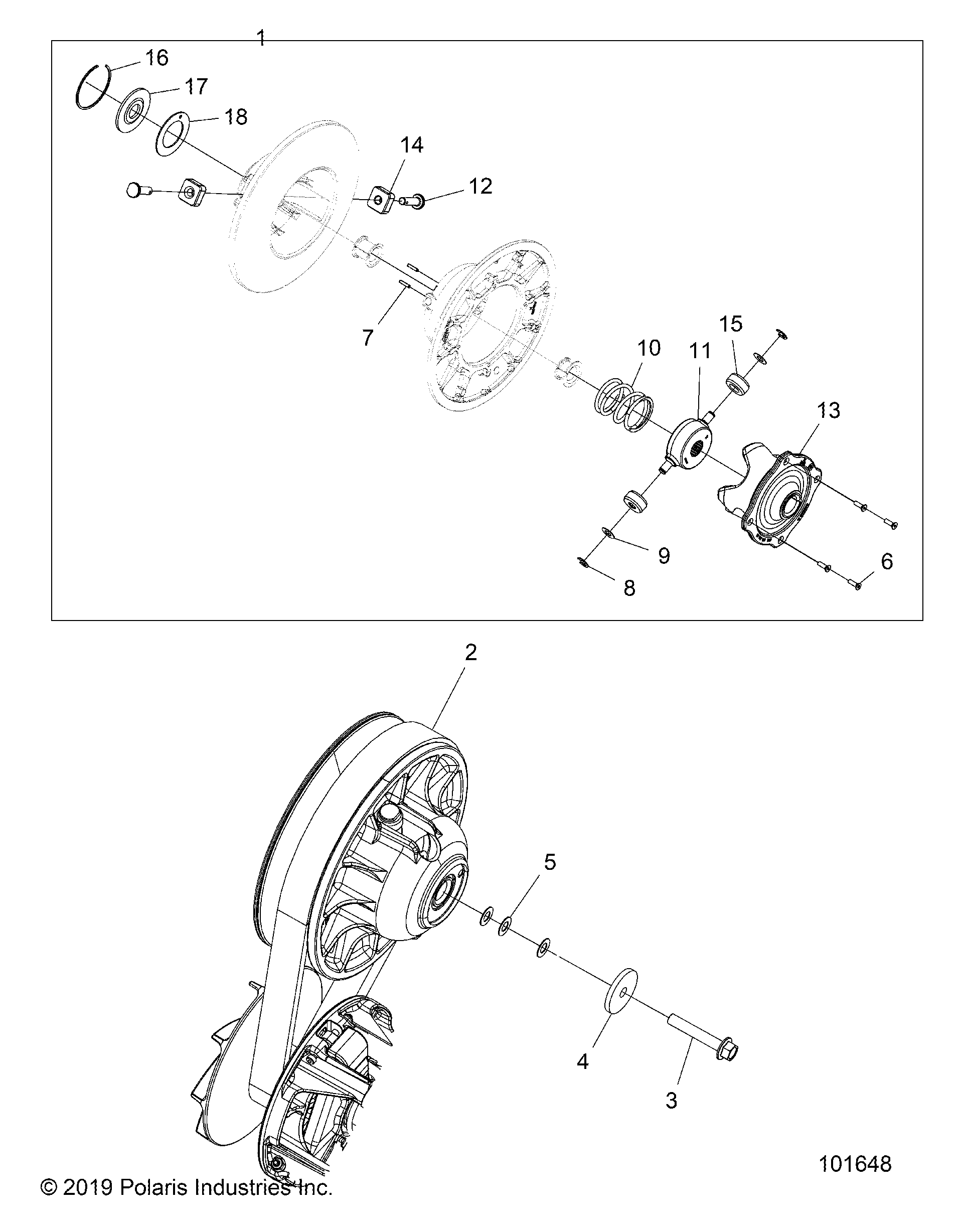 An Image of a Genuine Polaris Parts Schematic Diagram showing the schematic - DRIVE TRAIN: SECONDARY CLUTCH - 2025 POLARIS SPORTSMAN XP 1000 HUNTER EDITION