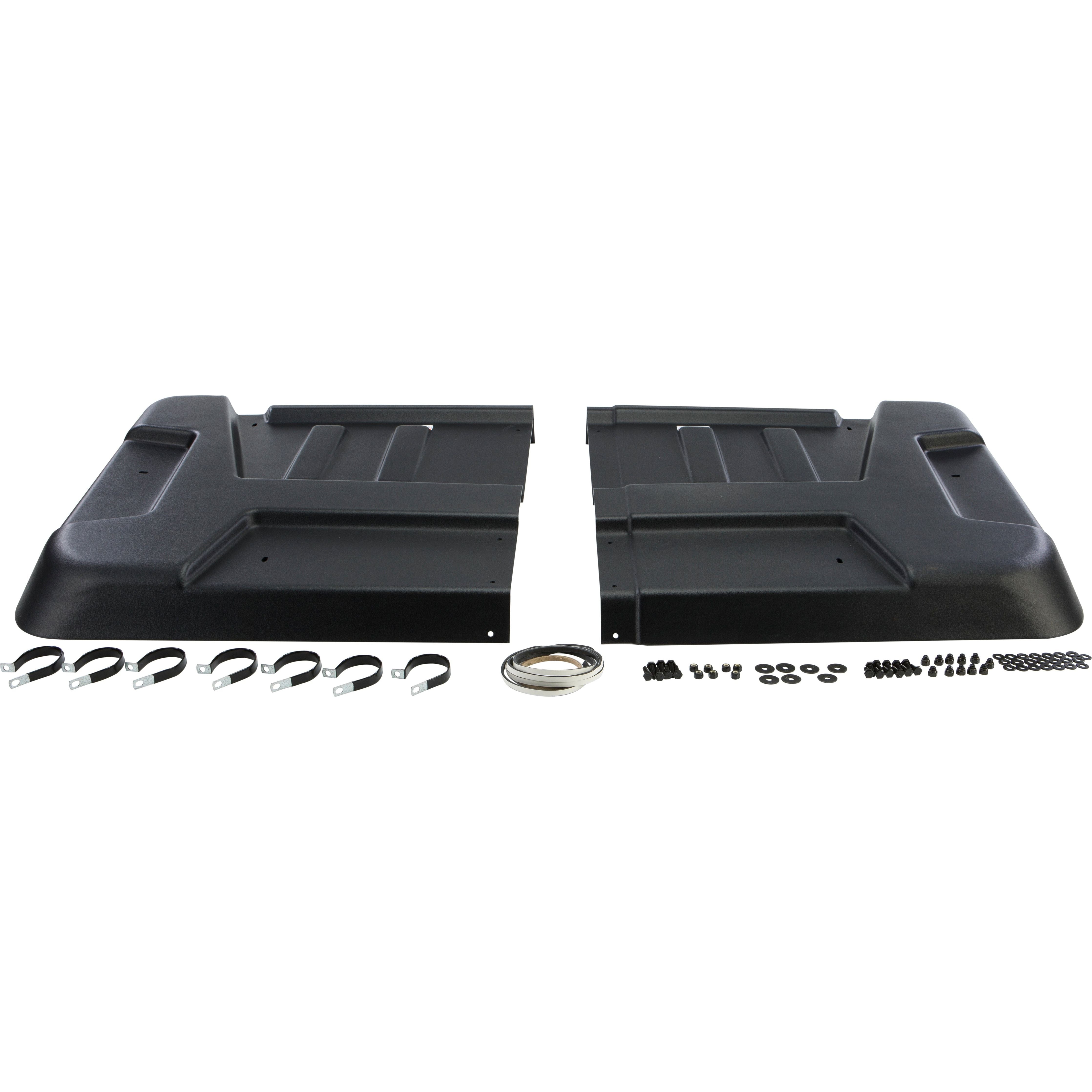 Polaris Ranger UTV Molded Roof by Open Trail with installation hardware, galvanized steel clamps, mounting brackets, and a coiled strip displayed on a white background.