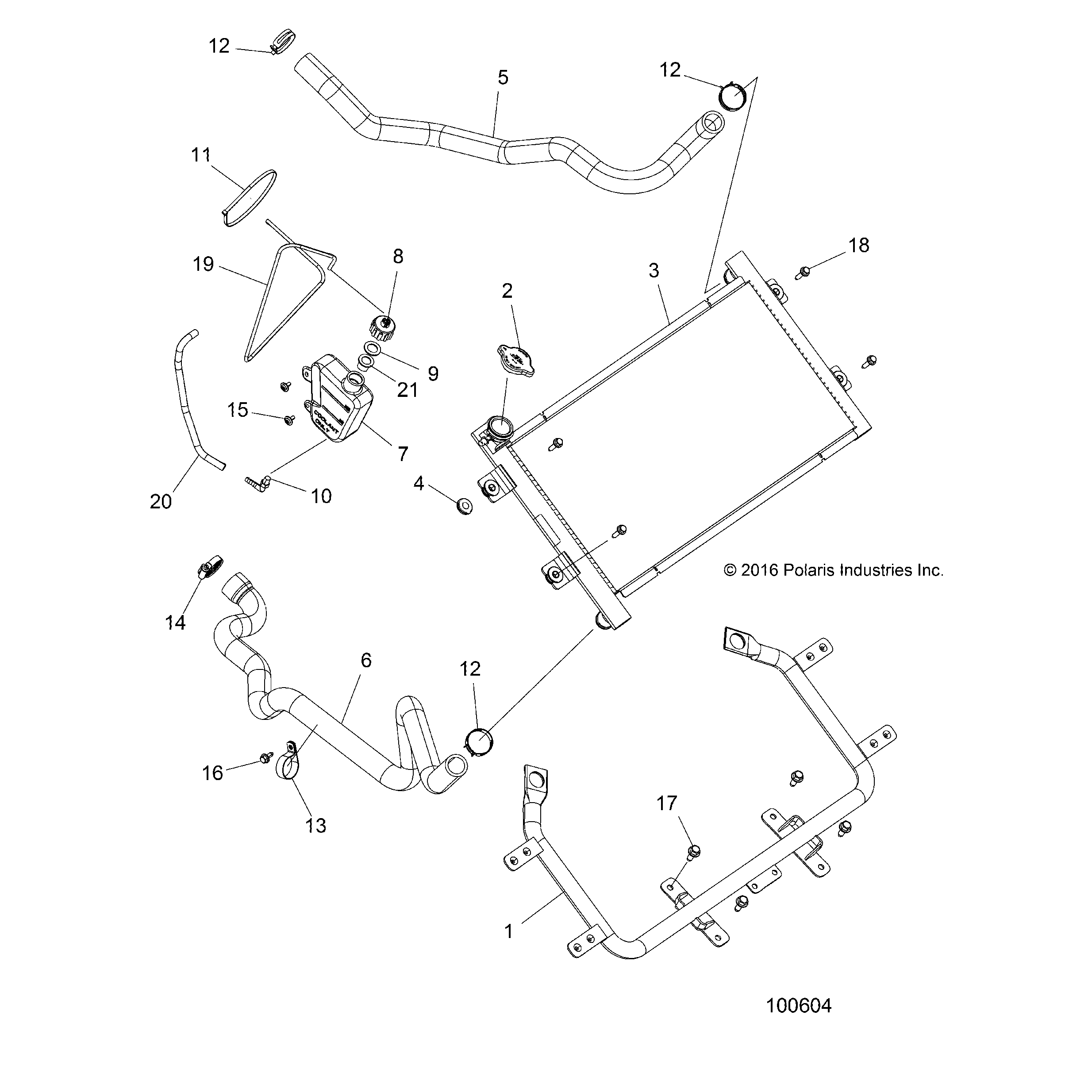 An Image of a Genuine Polaris Parts Schematic Diagram showing the schematic - ENGINE: COOLING SYSTEM RADIATOR - 2018 POLARIS SPORTSMAN 1000 HIGH LIFTER