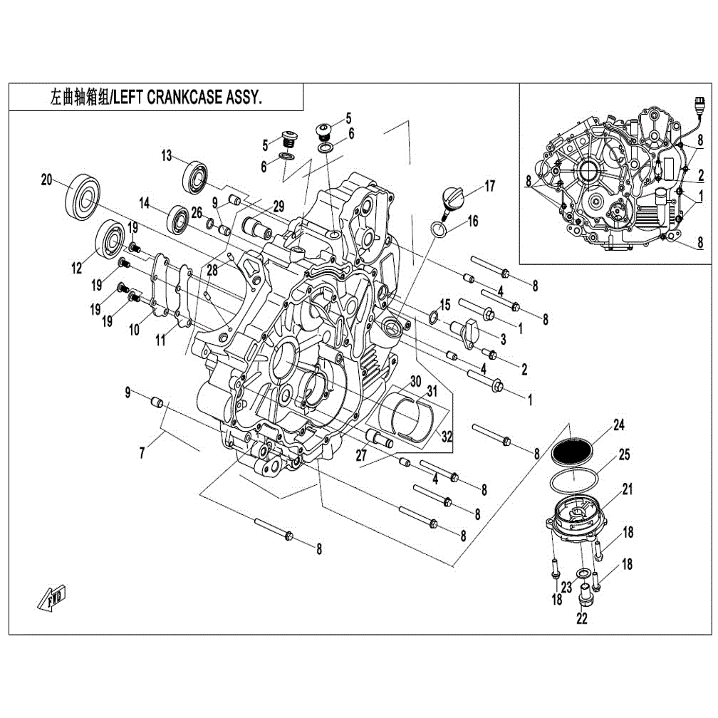 An Image of a genuine CFMOTO Parts Schematic Diagram showing the group - LEFT CRANKCASE ASSY. - 2021 CFMOTO CFORCE 400