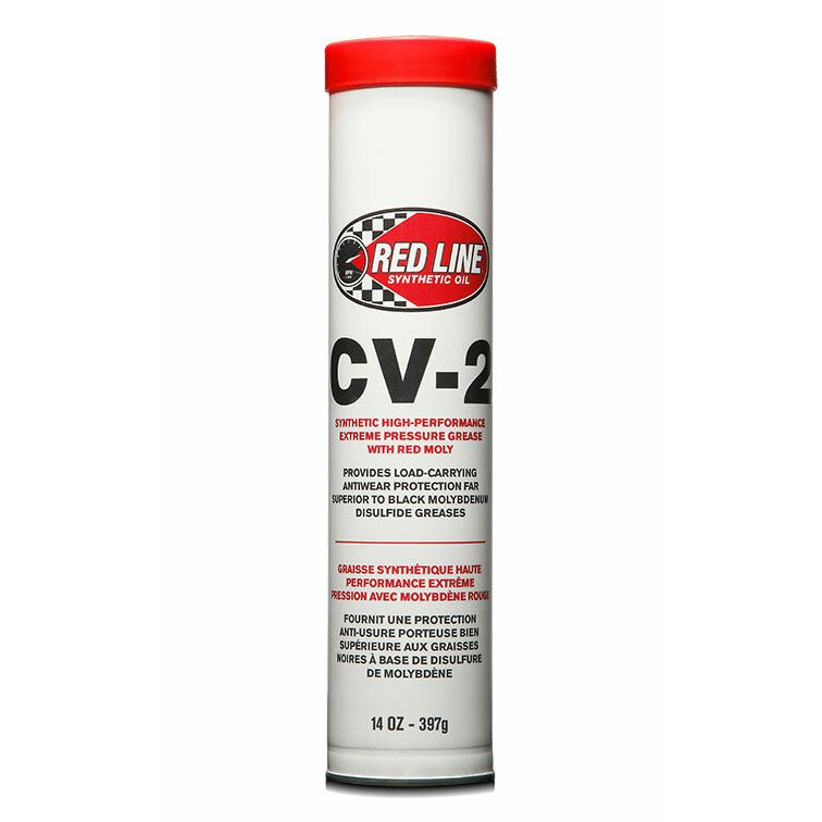A 14oz tube of Red Line CV-2 Grease with Moly, featuring a red cap and label highlighting extreme pressure protection and superior chassis lubrication.