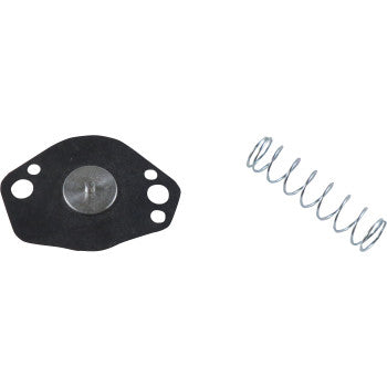 The Yamaha Air Cut Off Valve Kit by Shindy includes a metal spring and a black, irregular diaphragm with a central metal disc and holes, shown together on a plain white background.