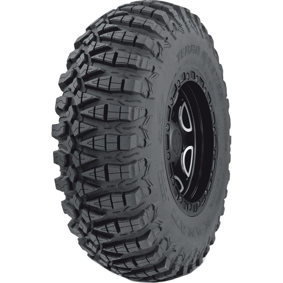 The GBC Tire Terra Master 28X10R-14 features deep, aggressive asymmetrical treads, steel-belted radial construction, and a robust sidewall for superior off-road traction and durability.