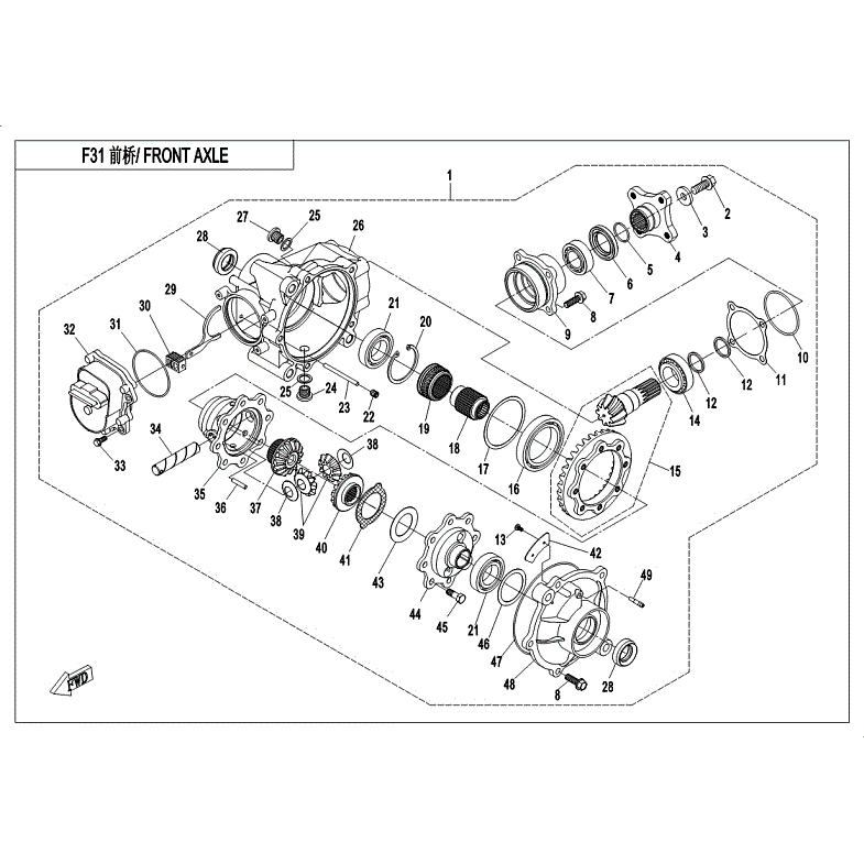 An Image of a genuine CFMOTO Parts Schematic Diagram showing the group - FRONT AXLE - 2018 CFMOTO CFORCE 400