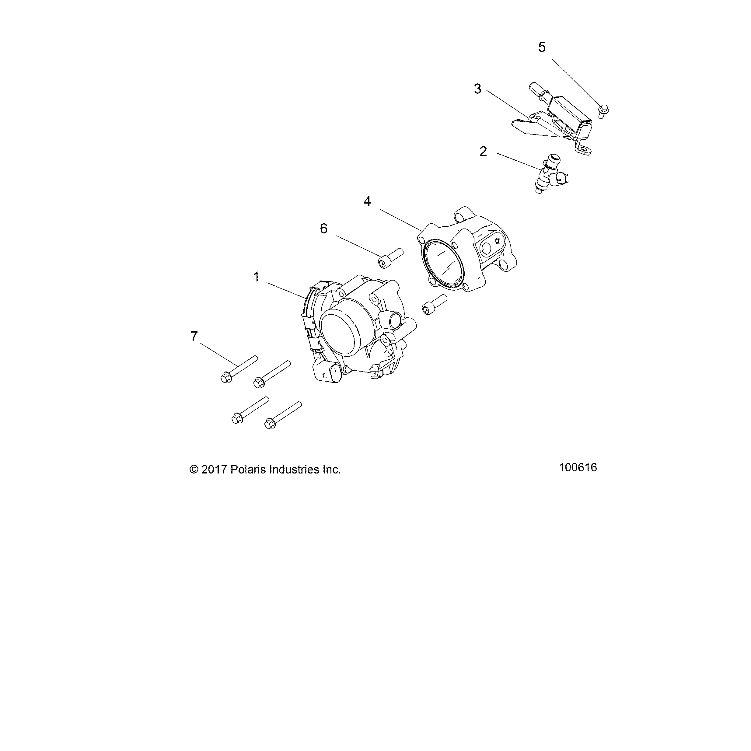An Image of a Genuine Polaris Parts Schematic Diagram showing the schematic - ENGINE: THROTTLE BODY and FUEL RAIL - 2017 POLARIS ACE 500 SOHC