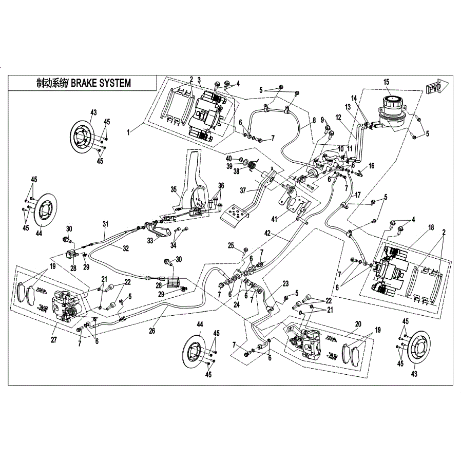 An Image of a Genuine CFMOTO Parts Schematic Diagram showing the schematic - BRAKE SYSTEM - 2019 CFMOTO UFORCE 800