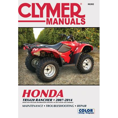 Cover of Repair Manual Honda Rancher by Clymer shows a red TRX420 ATV on a dirt path. Text lists model years 2007–2014 and notes easy-to-follow instructions for maintenance, troubleshooting, and repair.