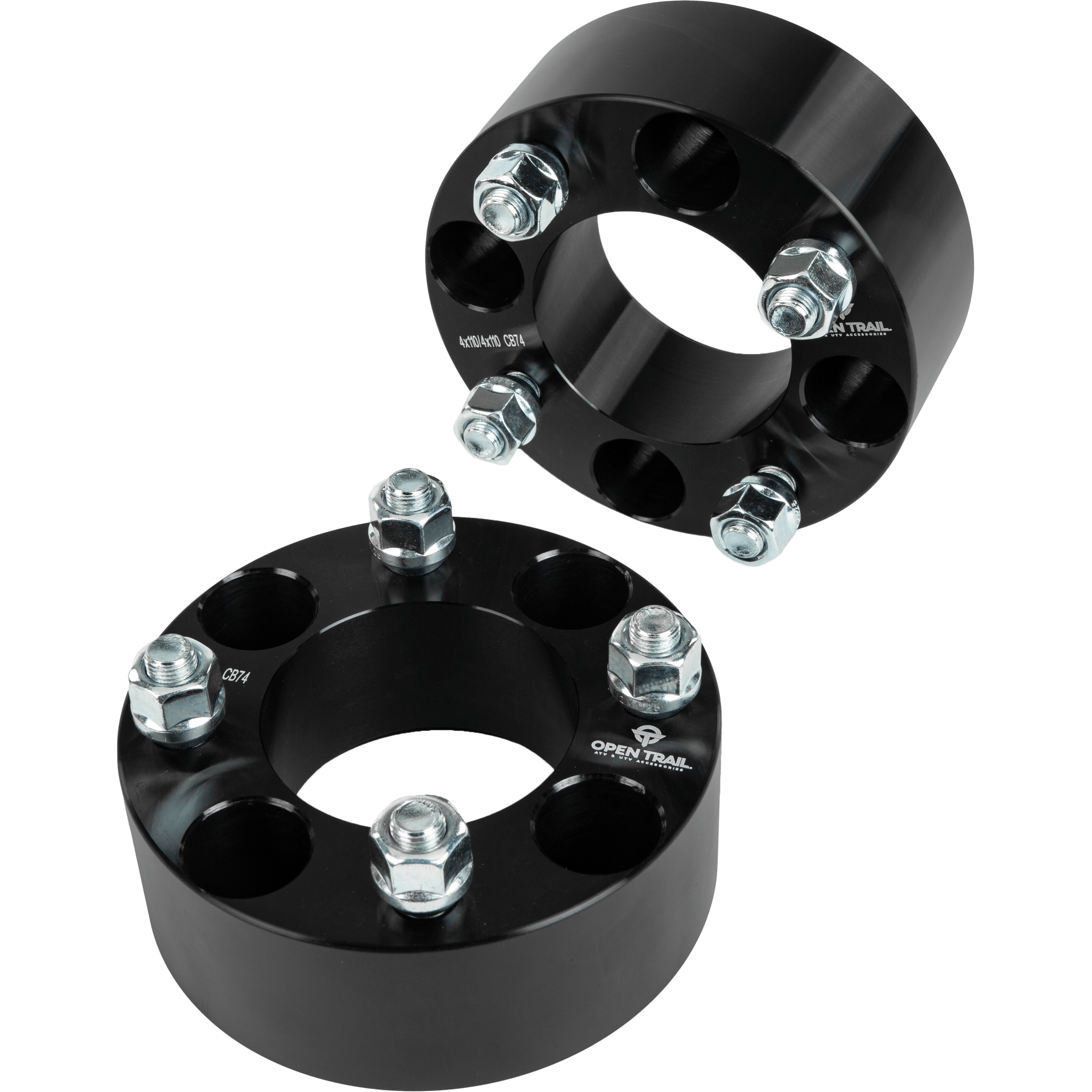 Two Wheel Spacer 2 4/110 Stud: 12Mm X 1.25Mm by Open Trail, each with five silver bolts, are displayed on a white background—one flat and one upright—showcasing their circular aluminum design for enhanced traction and stability.