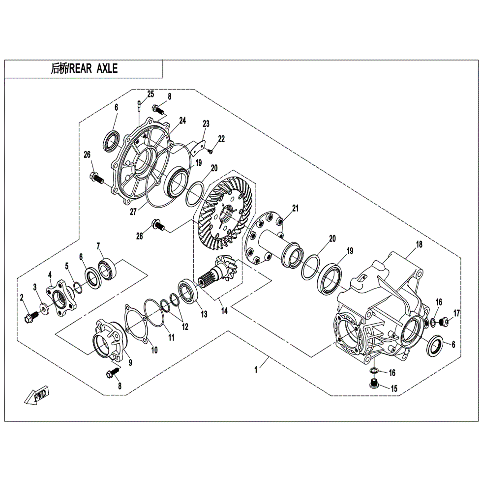An Image of a genuine CFMOTO Parts Schematic Diagram showing the group - REAR AXLE (NO DIFFERENTIAL) - 2021 CFMOTO CFORCE 1000 Overland