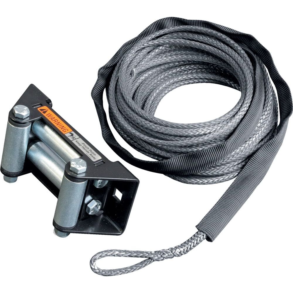 The Winch Replacement Synthetic Rope Conversion Kit 1.5 W Inch 40 5/32 by Warn includes a gray synthetic rope with looped end and rock guard sleeve, plus a black and silver roller fairlead—designed for ATV winches, perfect for recovery or towing.