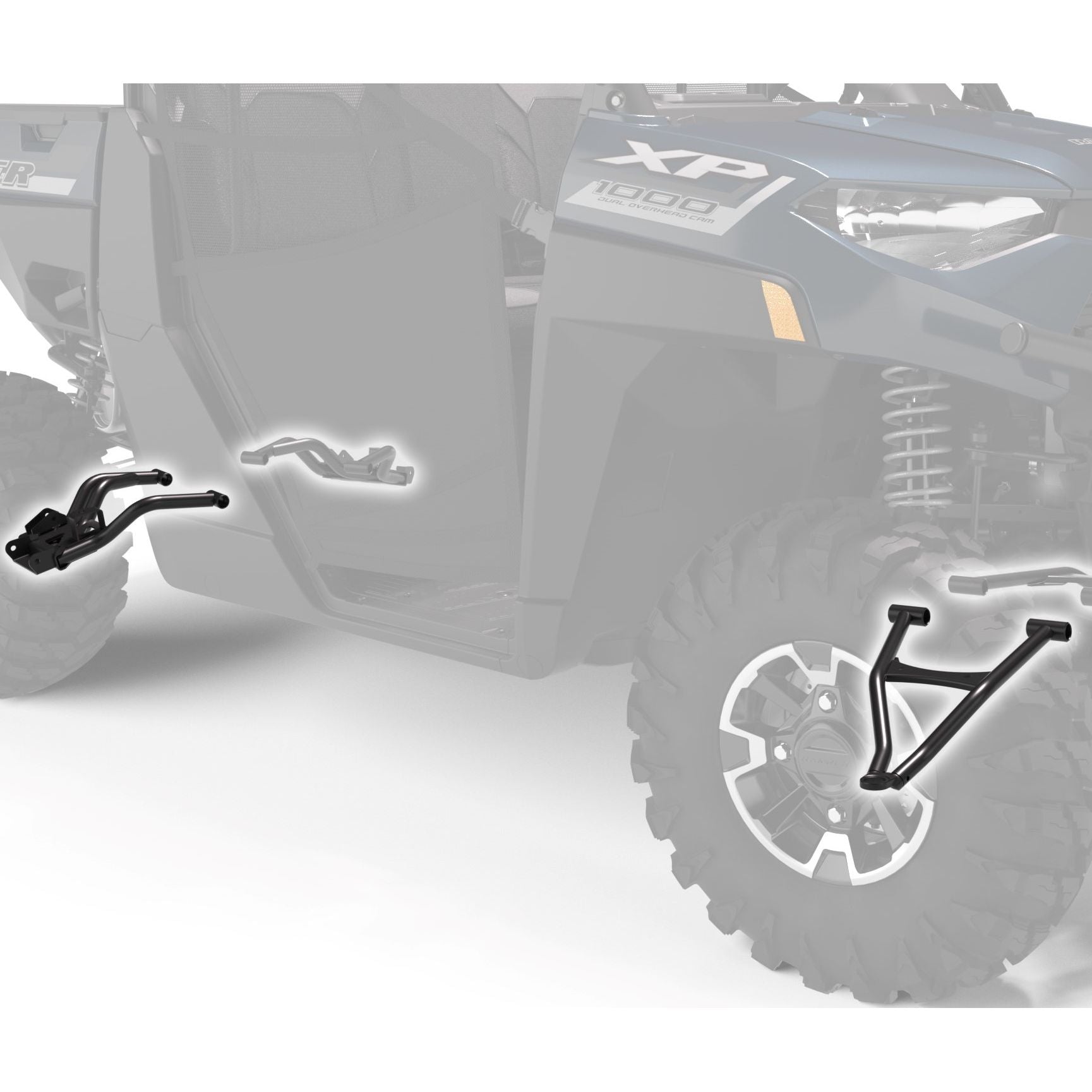 Black metal front lower left A-arm suspension component for Polaris UTV with mounting points and reinforced triangular.