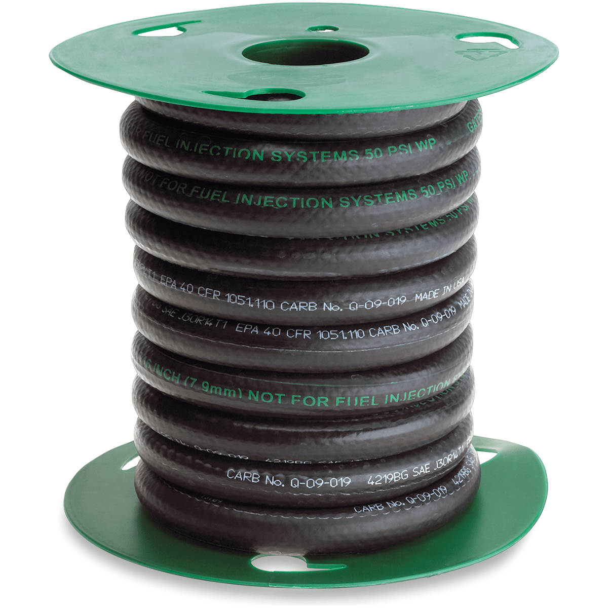The Gates Fuel Line 3/8 x 25 is coiled on a large spool with green end caps, featuring white and green markings for size, specs, and warnings. Greenshield Technology enhances its durability for ATV applications.