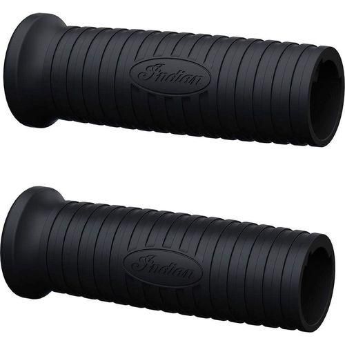 A pair of black Heated Handlebar Grips (10-Setting) by Polaris, featuring horizontal grooves and an oval Indian logo, are cylindrical, heated for comfort, and shown parallel on a white background.