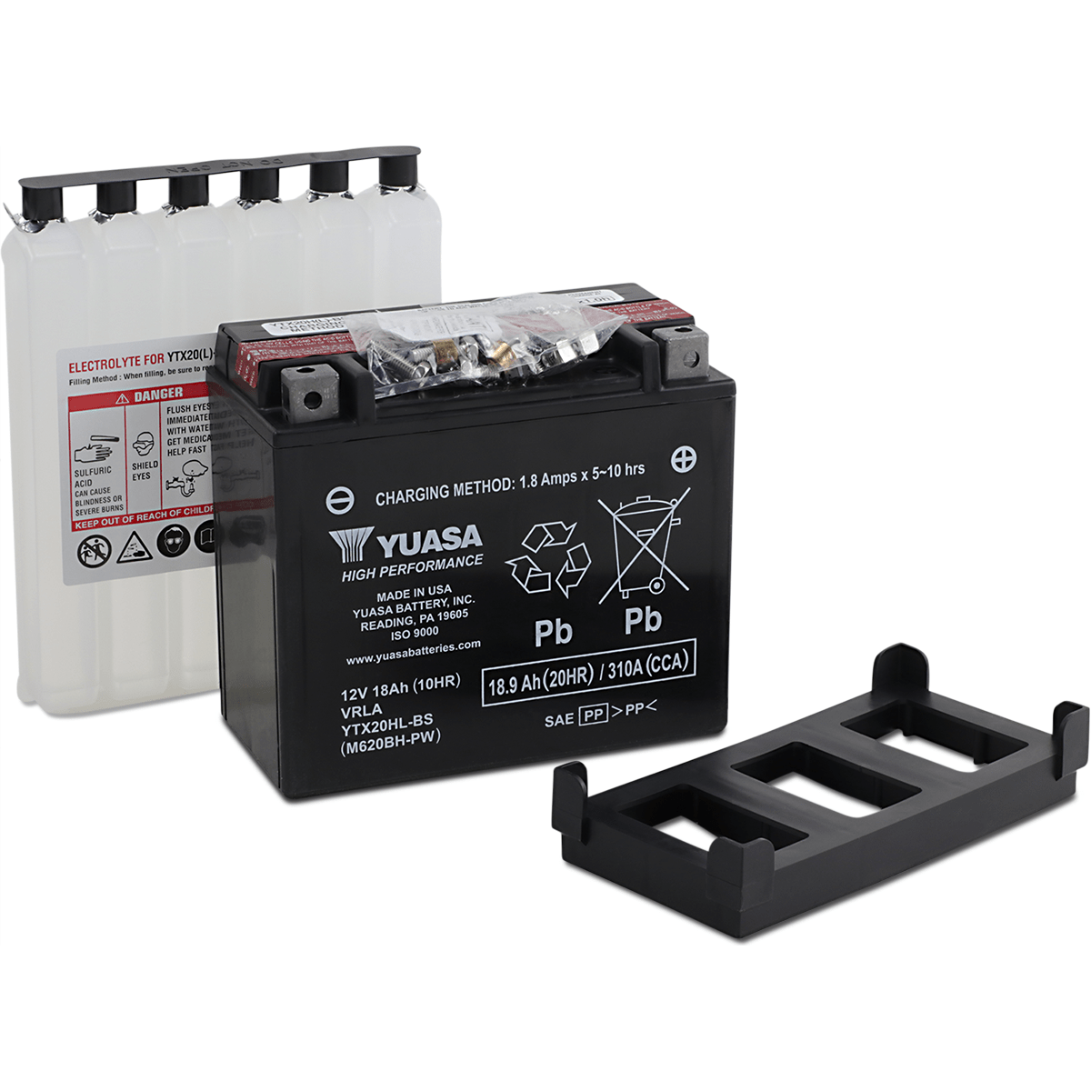 A High Performance AGM Maintenance-Free Battery by Yuasa, with visible labels, a separate clear acid pack with warnings, a packet of screws, and a black plastic mounting bracket are arranged on a white background.