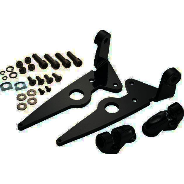 A set of black metal brackets, screws, bolts, washers, and two pivoting parts arranged on a white background as components of the Indian Highway Peg Floorboard Mounts by Ciro for your Indian motorcycle accessories.