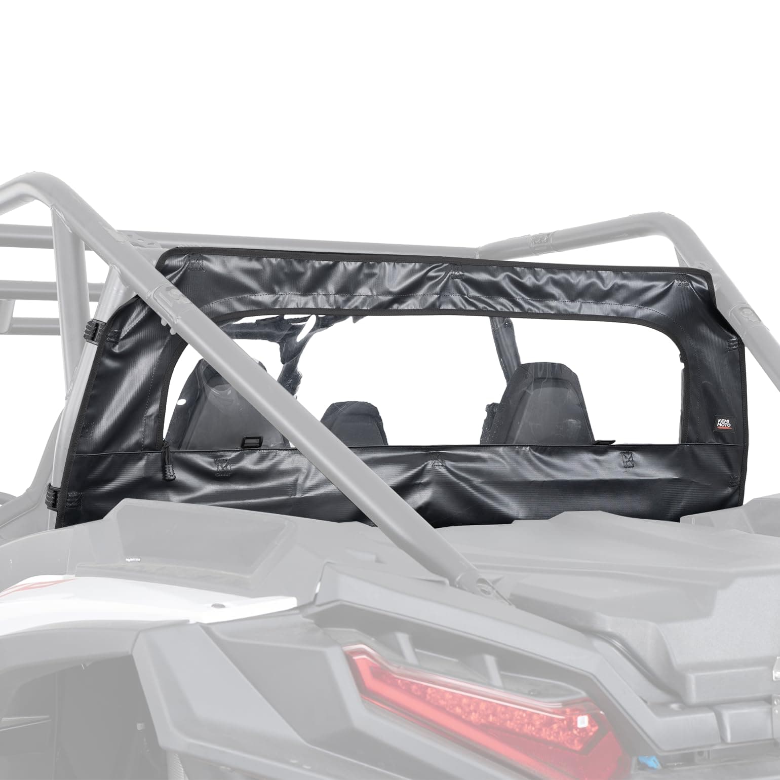The Polaris RZR XP 1000 / XP 4 1000 Rear Soft Windshield by Kemimoto is a black panel attached to the roll cage, featuring a clear zipper window for visibility and an easy view of the seats and interior.