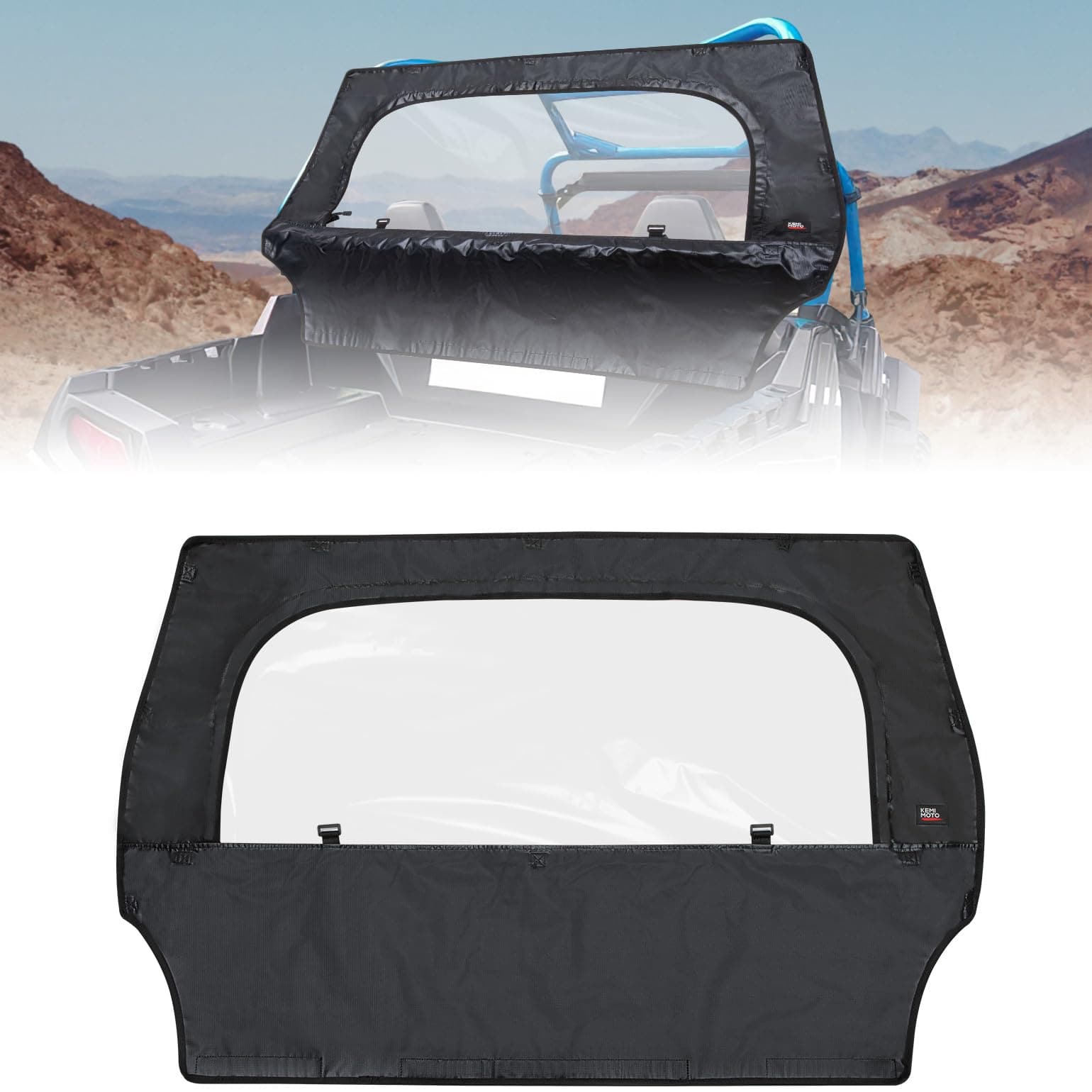 A Polaris RZR 570 RZR Trail 570 UTV Rear Windshield with Zipper by Kemimoto, shown in black with a clear window, installed on an off-road vehicle in a rocky desert and separately displayed on a white background.