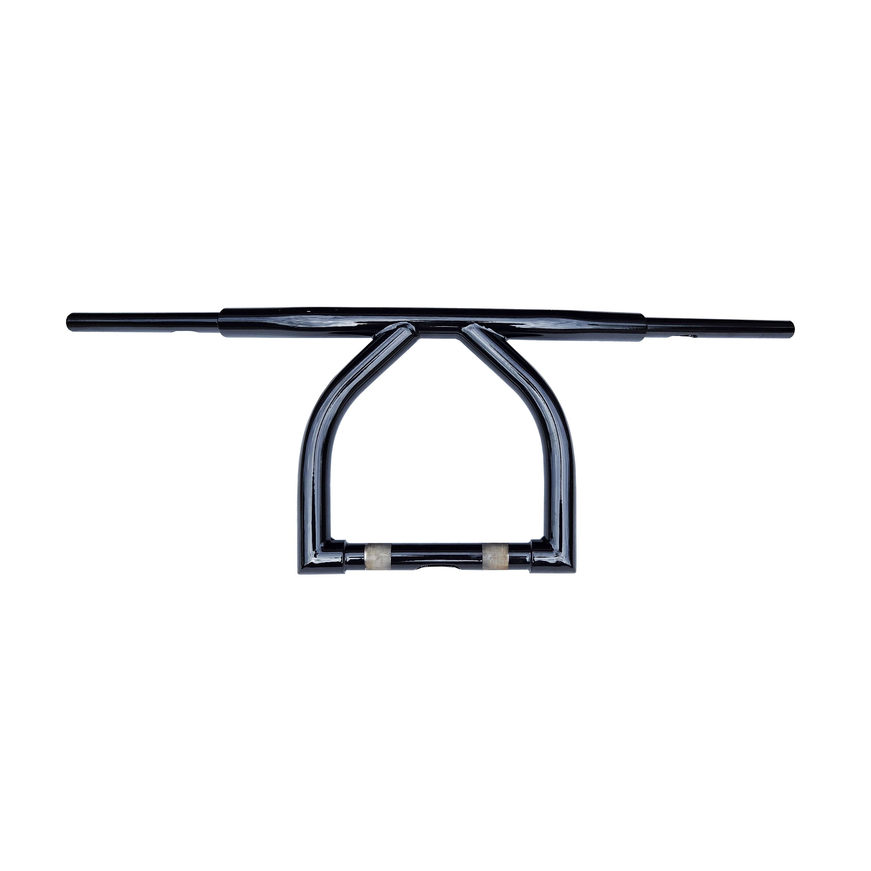The 10" Indian Bell Drag for Indian Scout Bobbers Handlebars by FMB Choppers is a black metal handlebar with central crossbar and curved supports, shown from above on a white background.