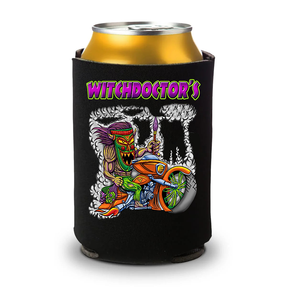 A can in a black Koozie by Witchdoctors, featuring colorful monster art of a character riding a motorcycle, with WITCHDOCTORS in bold green and purple letters above the illustration.