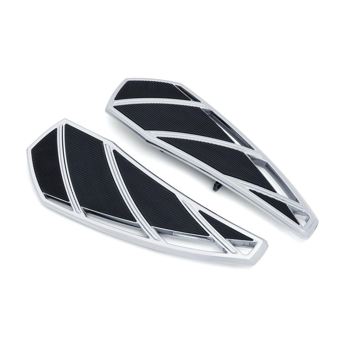 Chrome motorcycle floorboards with black anti-slip inserts and angular groove design.