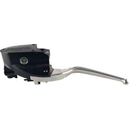The Master Cylinder, Clutch, Mirrored, 12.7mm, Black by Polaris is a metal motorcycle brake lever with a black mounting bracket and housing, shown horizontally on a white background—compatible with select Polaris OEM and Victory assemblies.