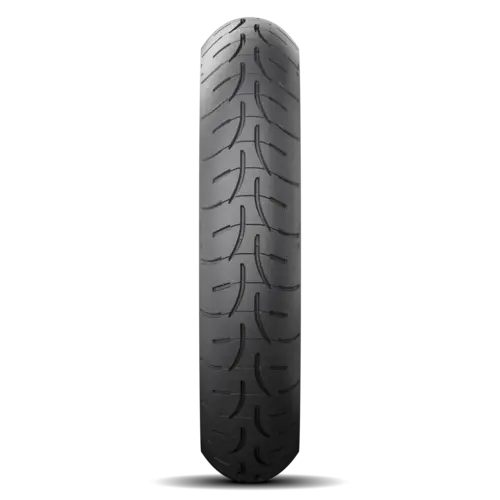 The Michelin Front Tire Road W GT 130/70R18 - 63H is displayed upright from the front, showcasing its tread and exceptional wet grip against a plain light gray background.