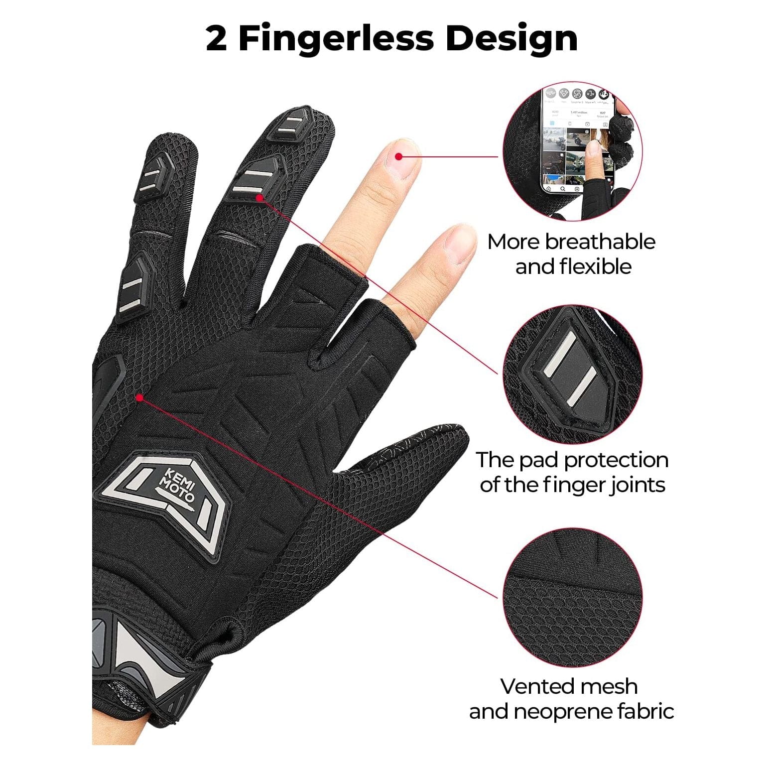 Motorcycle 2 Fingerless Design Paintball & Airsoft Gloves by Kemimoto F1109-06901MBK Half Gloves F1109-06901MBK Kemimoto