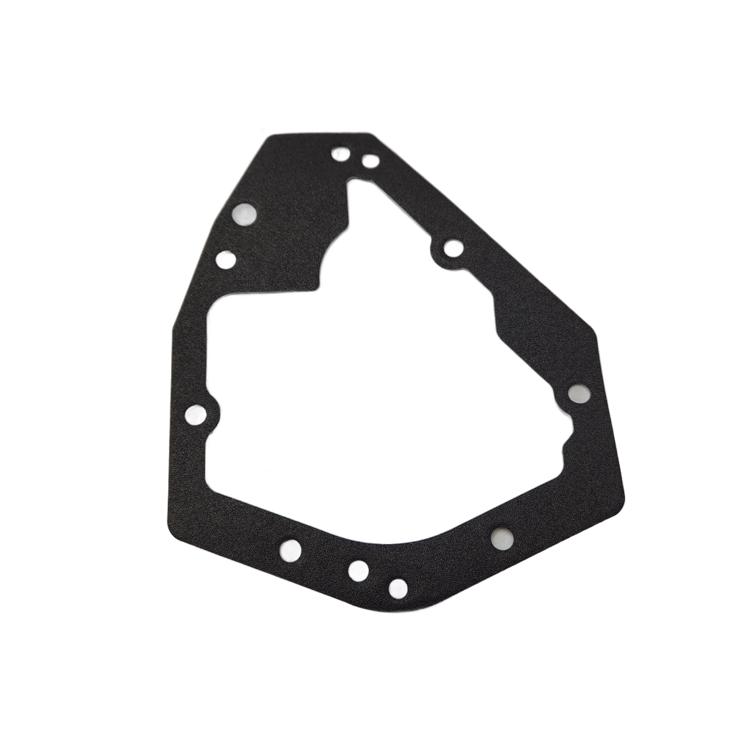 The Gasket Cam Cover by Polaris is a black, irregularly shaped part with multiple circular holes along its edges—ideal for OEM Indian Polaris parts or for your Indian motorcycle.