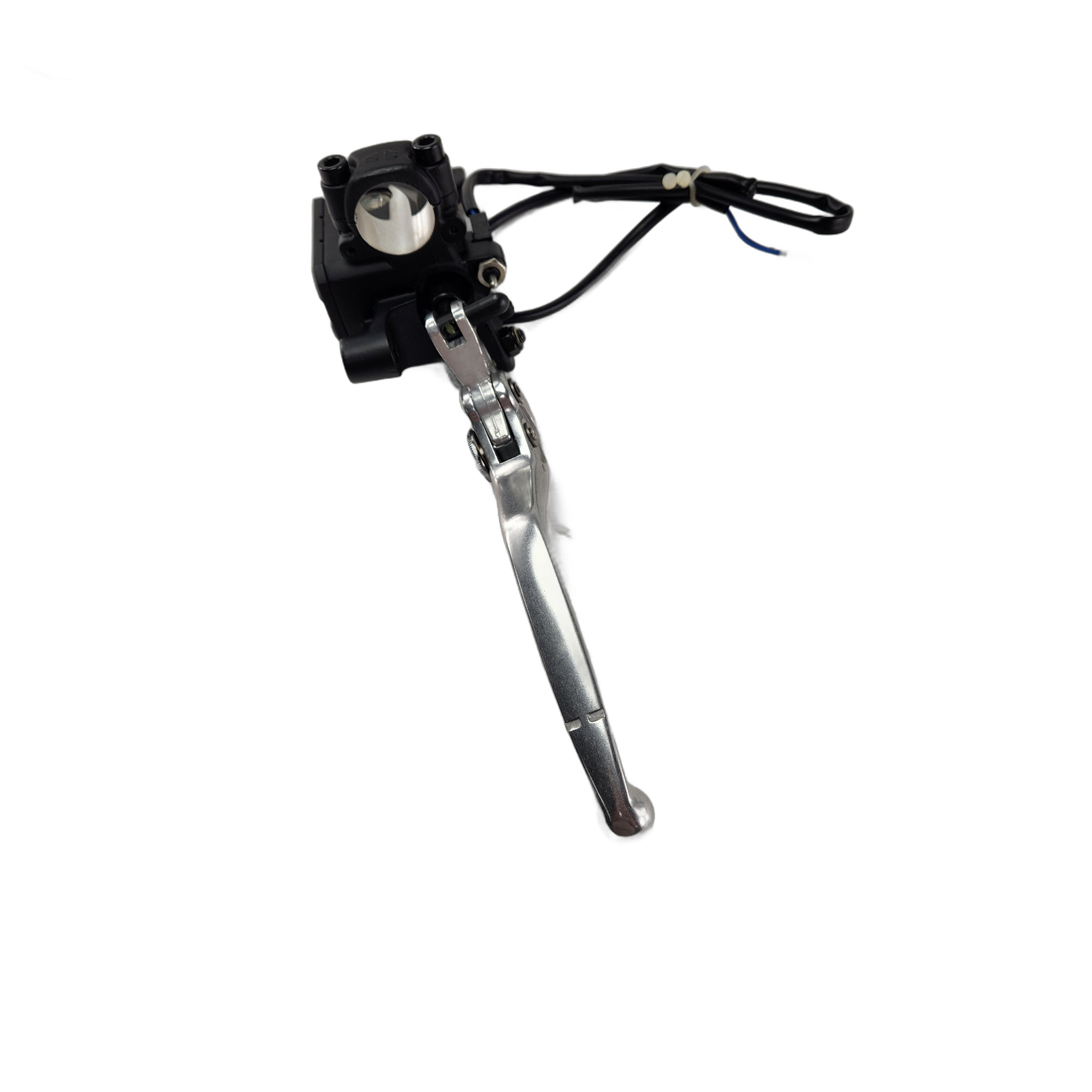 A close-up of the Clutch Master Cylinder, Reva Black Mach for [Classic Dark Horse] by Polaris, featuring a black housing and two extending wires, engineered with precision and isolated against a white background.