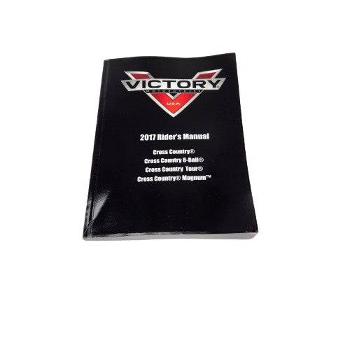 A 2017 Owners Manual,17 Xc,Xct,Mgnm by Polaris features a black cover with red/silver Victory USA logo and white text listing Cross Country, Cross Country 8-Ball, Tour, and Magnum models—perfect for sourcing OEM Victory Polaris parts.