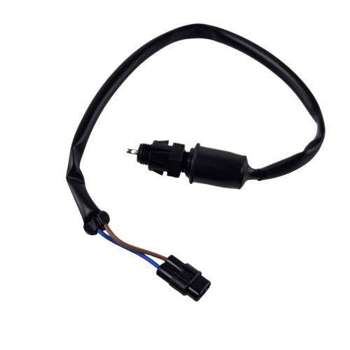 The Switch,Brake by Kawasaki is a black automotive sensor with a connector, flexible cable, and exposed brown/blue wires—ideal as an OEM brake switch for Kawasaki UTVs or off-road vehicles. Isolated on white background.