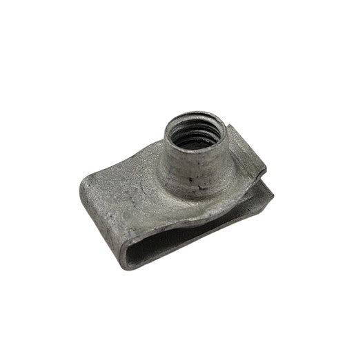 A close-up of the Nut, U by Polaris—a metal clip nut featuring a flat rectangular base and threaded hole, perfect for securing bolts or screws. Its design makes it ideal for OEM Victory and Polaris applications.