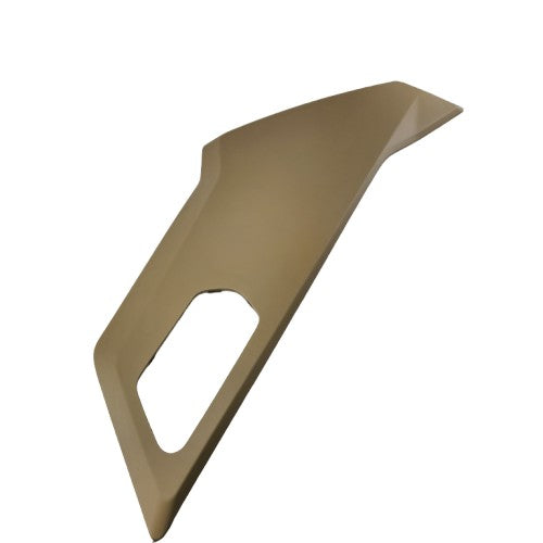 The Deco Plate LH Door Desert Tan by CFMOTO is a tan, angular plastic panel with a geometric design and rectangular cutout, shown on a white background—perfect for CFmoto OEM or ATV parts replacement.