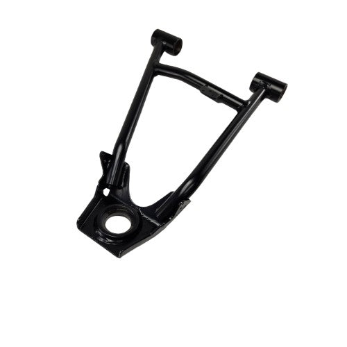 The Weld-A-Arm, Frt, Upper, Lh, M.Blk by Polaris is a black metal A-shaped suspension control arm with mounting points at each end, ideal for Polaris UTVs or off-road vehicles, shown isolated on a white background.