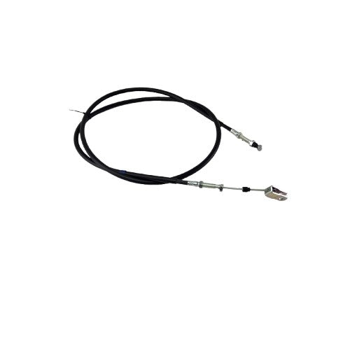 A black Cable-Brake,Parking,R by Kawasaki with metal ends, a mounting bracket on one side, and an adjustable fitting on the other—coiled against a white background—perfect as OEM Kawasaki UTV or off-road parts replacement.
