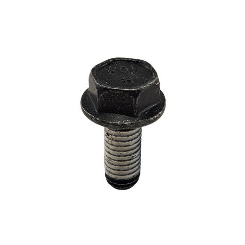 A close-up of the Screw by Polaris, a black metal hex bolt with a washer-like flange and partially threaded shaft, commonly used as an OEM Victory motorcycle part. Available at Witchdoctors.