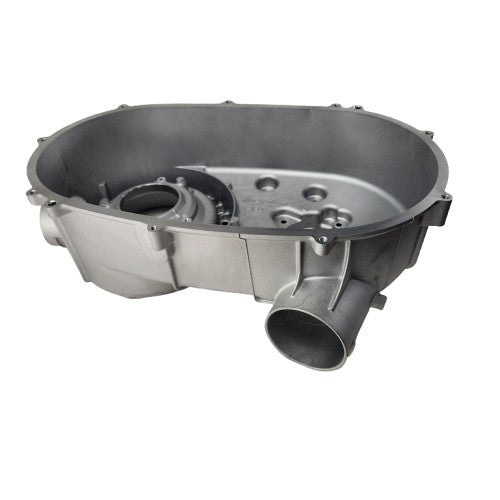 The Case,Cvt by Kawasaki is a metallic oval gearbox housing with a cylindrical extension and mounting holes, perfect for mechanical or automotive uses, and compatible with Kawasaki OEM parts.