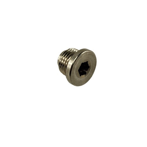 Silver metal plug screw with hexagonal socket head and coarse threads, M16 x 1.5 size.