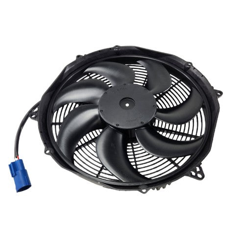 The Fan-Assembly,Hvac by Polaris is a black OEM fan with curved blades, a round casing, and a blue cable-attached connector—ideal for Polaris UTVs. Shown against a white background.