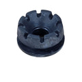 A close-up of a black, round Rubber Grommet by CF Moto sits on a rough beige surface. Evenly spaced notches are visible around its top edge, highlighting the OEM parts slotted design.