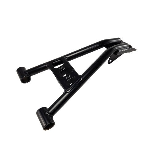 The Weld-A-Arm, Frt, Lower, Rh, M.Blk by Polaris is a black metal automotive control arm featuring two circular mounts and a bracket, designed for vehicle suspension systems and compatible with Polaris ATV parts.
