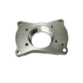 The Bearing Seat Drive Bevel Gear by CFMOTO features a machined metal flange with a large central hole, four corner mounting holes, and a curved rectangular design—perfect for UTV or ATV replacement parts—displayed on a white background.