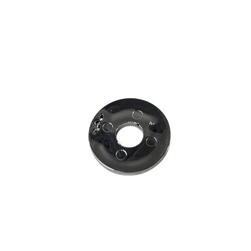 A Cup Washer Chrome by Polaris—a round, shiny metallic disc with a large central hole and four smaller holes—is shown against a white background, perfect as an authentic OEM part for Indian Polaris or Indian motorcycles.