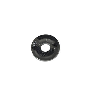 A Cup Washer Chrome by Polaris—a round, shiny metallic disc with a large central hole and four smaller holes—is shown against a white background, perfect as an authentic OEM part for Indian Polaris or Indian motorcycles.