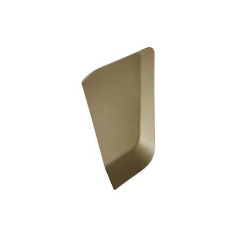 A Rear LH Door Deco Plate in Desert Tan by CFMOTO, featuring a smooth, curved rectangular plastic design, ideal as an OEM replacement part for ATV or UTV. Photographed against a white background.