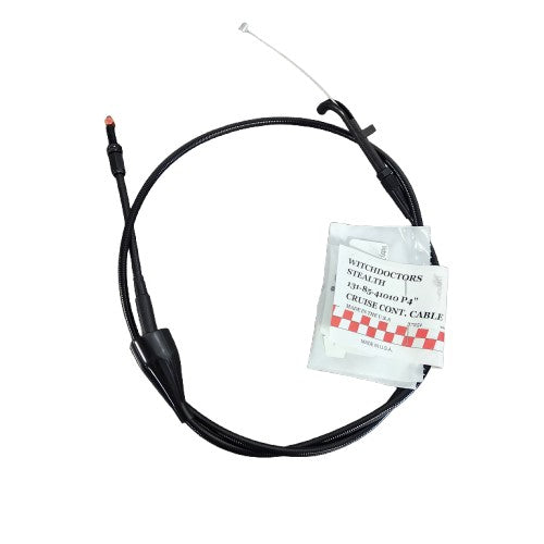 The Victory Throttle Push Cable Stealth Black by Barnett features a protective housing, metal connector, and paper label. Displayed on a white background, it's ideal for Victory motorcycles and serves as a replacement for Barnett throttle cables.