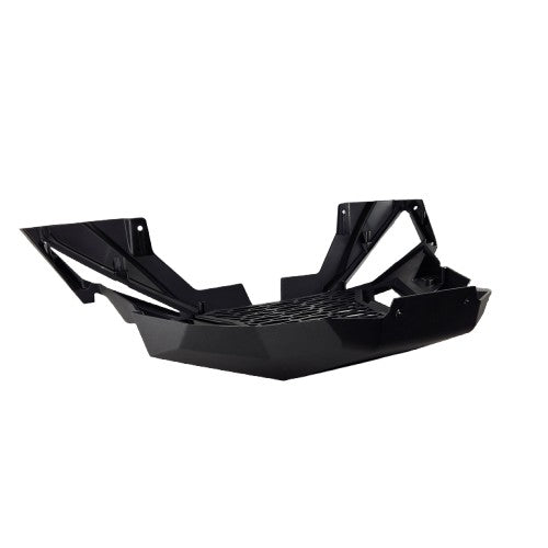 The Fascia-Front,Blk by Polaris is a black, angular plastic body panel with mounting points and a textured center—perfect as an OEM part or accessory for Polaris UTVs.